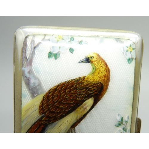 870 - An early 20th Century German silver cigarette case with enamel front, bird of paradise with gold iri... 