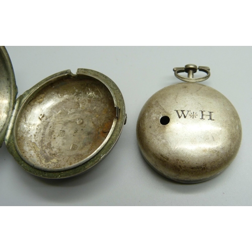 885 - A silver pair case verge pocket watch case,(..... bezel missing), London 1847, 49g