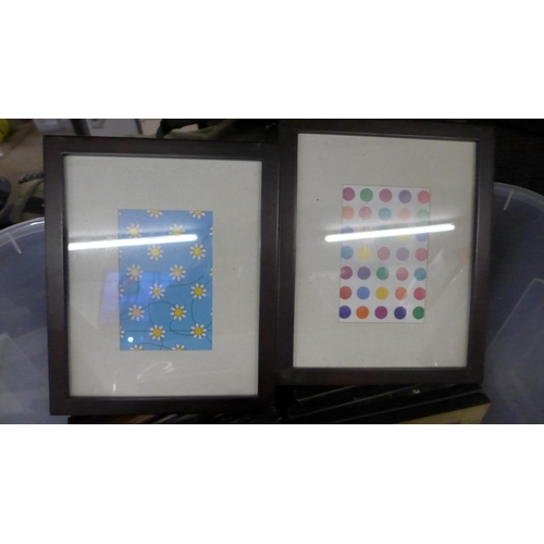 2399 - A box of framed and mounted prints, two woodcut prints and frames