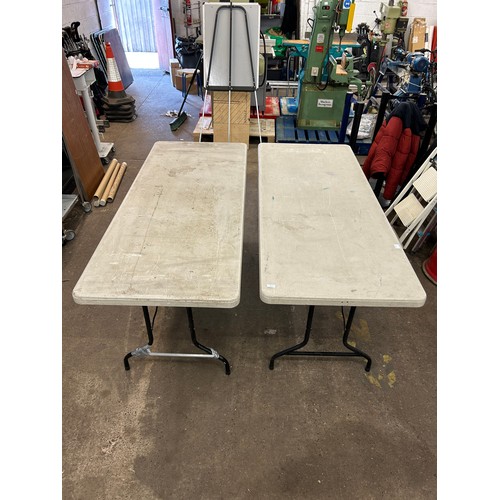 2201 - 2 Plastic tables with metal folding legs, approx. 6ft, ideal for car boots