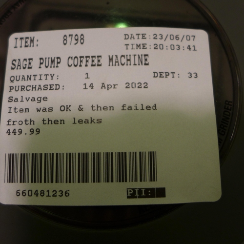 3045 - Sage Pump Coffee Machine, original RRP £449.99 + VAT (298-191) *This lot is subject to VAT