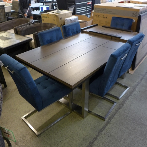 1594 - Bentley Designs Tivoli Dark Oak 6-8 Seater Table & 6 Cantilever Chairs in Dark Blue Velvet, original... 