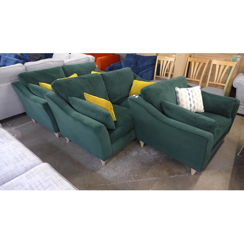 1506 - A green velvet pair of two seater sofas and armchair