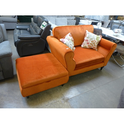 1551 - A tangerine velvet love seat with Japanese garden embroidered scatter cushions and a storage footsto... 