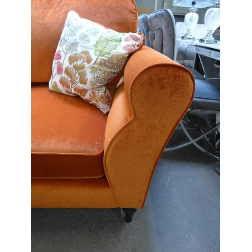 1551 - A tangerine velvet love seat with Japanese garden embroidered scatter cushions and a storage footsto... 