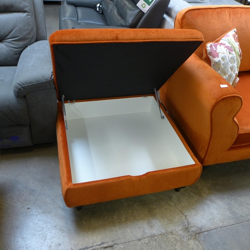 1551 - A tangerine velvet love seat with Japanese garden embroidered scatter cushions and a storage footsto... 