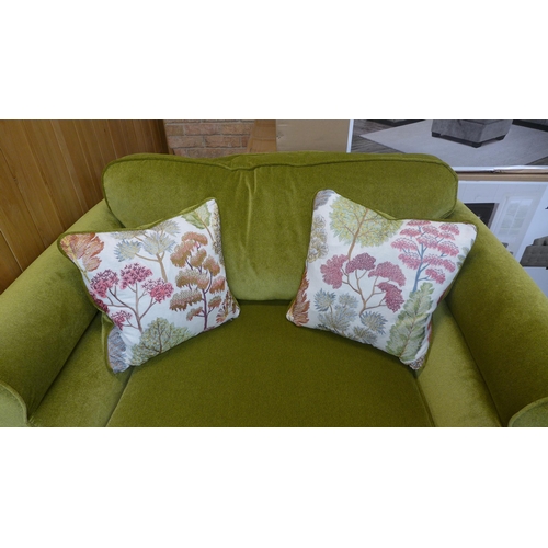 1566 - A moss green velvet love seat with Japanese garden embroidered scatter cushions