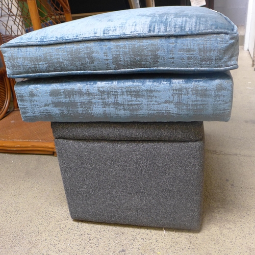 1629 - A Dolce blue velvet rectangular cushioned top footstool and a grey footstool