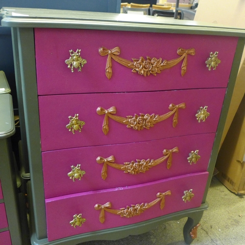 1632 - A pair of green and pink four drawer French style chests