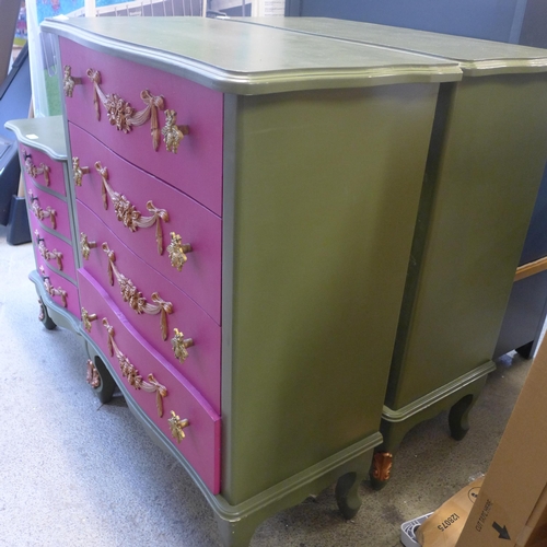 1632 - A pair of green and pink four drawer French style chests