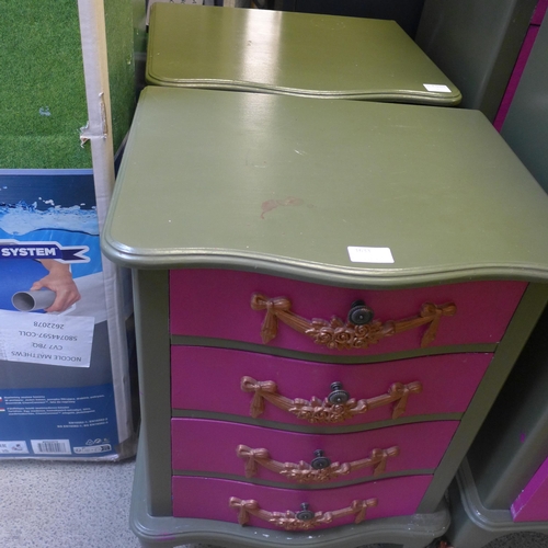 1633 - A pair of green and pink bedside chests