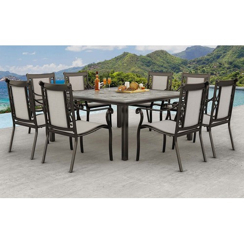 1423 - Agio Turner 9  piece Square Sling Dining Set - (Damaged/Marked, missing bolts to unbuilt chairs), or... 