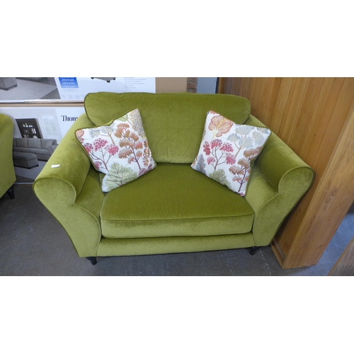 1459 - A moss green velvet love seat with Japanese garden embroidered scatter cushions