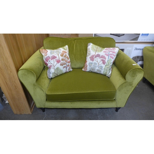 1460 - A moss green velvet love seat with Japanese garden embroidered scatter cushions