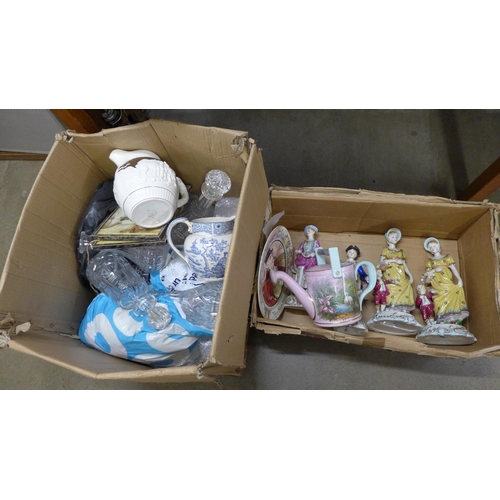 1054 - Two boxes of assorted china, glass decanters, figures etc. **PLEASE NOTE THIS LOT IS NOT ELIGIBLE FO... 