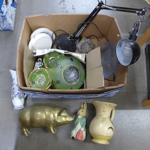 1055 - Assorted items; a brass pig, art-deco china a/f, an IKEA angle-poise desk lamp etc. **PLEASE NOTE TH... 