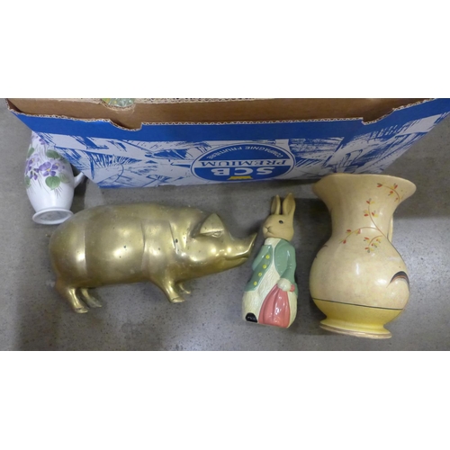 1055 - Assorted items; a brass pig, art-deco china a/f, an IKEA angle-poise desk lamp etc. **PLEASE NOTE TH... 