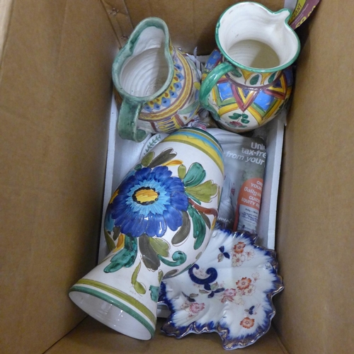 1058 - Two boxes of mixed china, including vases and serving plates **PLEASE NOTE THIS LOT IS NOT ELIGIBLE ... 