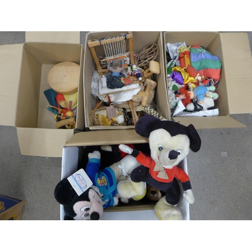 1059 - Four boxes of dolls and soft toys, including Mickey Mouse **PLEASE NOTE THIS LOT IS NOT ELIGIBLE FOR... 