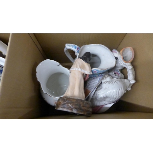 1062 - Five boxes of mixed china, containing a Staffordshire spaniel, jugs and serving plates **PLEASE NOTE... 