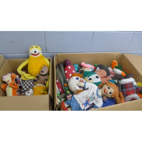 1063 - Four boxes of mixed dolls and soft toys, including ragdolls, papier-mache dolls and a flat Stanley s... 