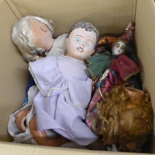 1063 - Four boxes of mixed dolls and soft toys, including ragdolls, papier-mache dolls and a flat Stanley s... 