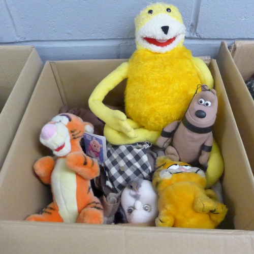 1063 - Four boxes of mixed dolls and soft toys, including ragdolls, papier-mache dolls and a flat Stanley s... 