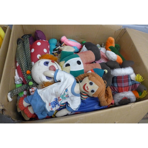 1063 - Four boxes of mixed dolls and soft toys, including ragdolls, papier-mache dolls and a flat Stanley s... 