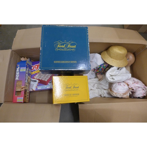 1068 - Two boxes of mixed toys and dolls, Jenga and Trivial Pursuit **PLEASE NOTE THIS LOT IS NOT ELIGIBLE ... 