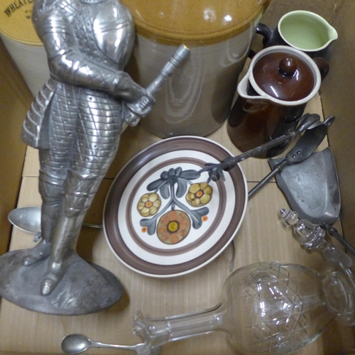 1076 - Langley and Bourne china, two stoneware flagons, a knight companion set, barometer and a glass decan... 