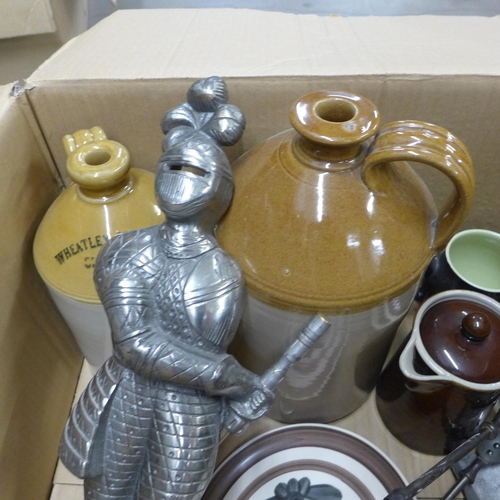 1076 - Langley and Bourne china, two stoneware flagons, a knight companion set, barometer and a glass decan... 