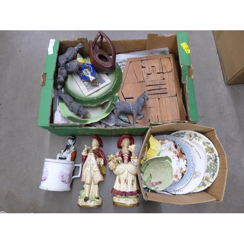 1077 - A box of mixed china, Chinese terracotta figures, etc. **PLEASE NOTE THIS LOT IS NOT ELIGIBLE FOR PO... 