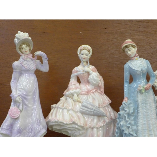 605 - Four Royal Worcester figures; The Victoria & Albert Museum Walking-Out Dresses of the 19th Century a... 