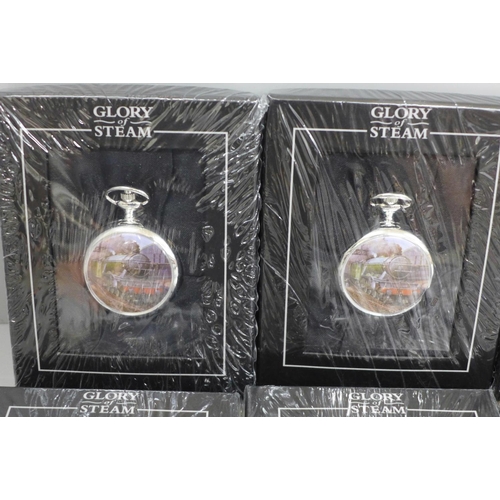 613 - Eight Steam of Glory Flying Scotsman mechanical pocket watches, sealed