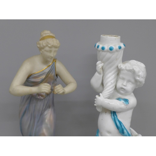 614 - A Royal Worcester figure, 1828 mark to base, a/f and a porcelain cherub candlestick