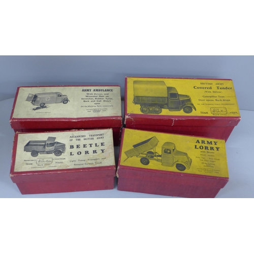 615 - Four Britains model vehicles, boxed; an Army Lorry, Army Covered Tender, Beetle Lorry and an Army Am... 