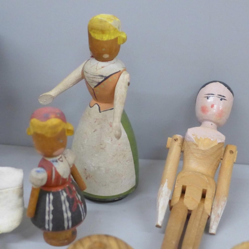 616 - Two 1950's glove puppets, three Swedish wooden dolls, one other peg doll and two egg cups