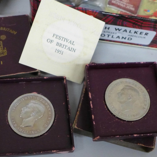 632 - Two Festival of Britain 1951 crowns, two World Cup keyrings, regalia and a silver lodge medal, cased