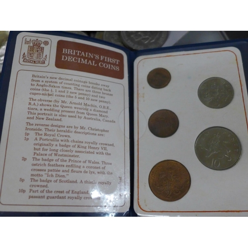 652 - Eighty-nine commemorative crowns and ten books of first decimal coins, 1971