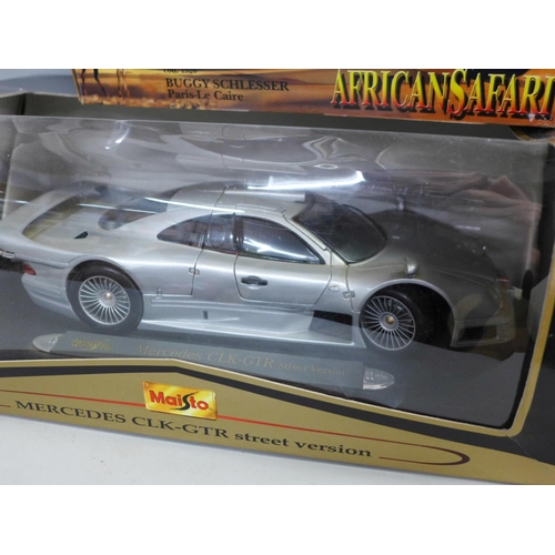 765 - Three Burago model cars; Citroen, Mercedes and African Safari buggy and a Maisto Mercedes