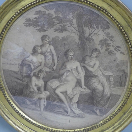 793 - An early 19th Century gilt circular framed stipple engraving, Diana and her nymphs, engraved by RS M... 