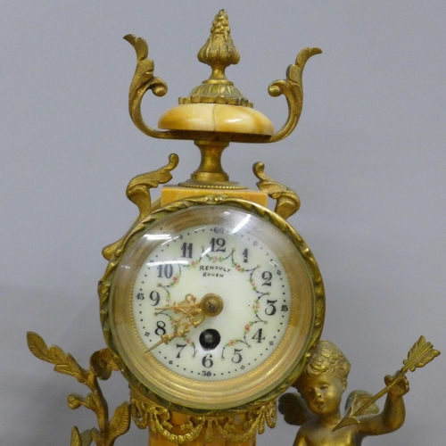 797 - A 19th Century French yellow marble and gilt metal clock garniture, with cupid, the porcelain dial m... 