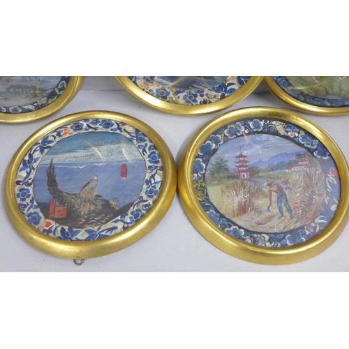 803 - Five circular gilt framed Chinese paintings on silk with embroidered border