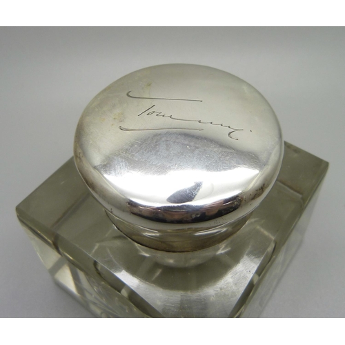 837 - A silver topped glass inkwell, Birmingham 1903