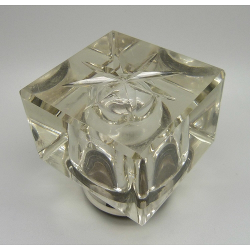 837 - A silver topped glass inkwell, Birmingham 1903