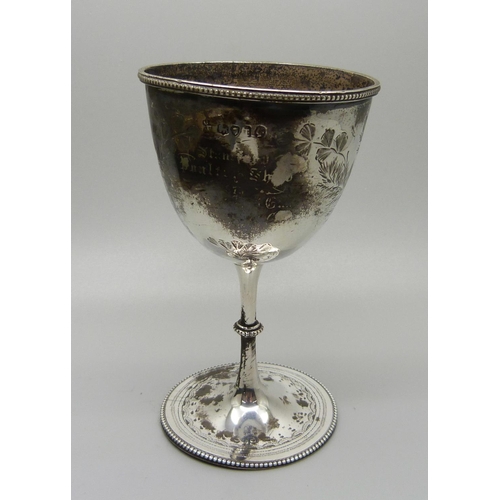 843 - A Victorian silver goblet, London 1874, with inscription, 86g, a/f