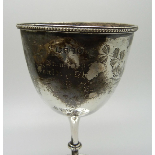 843 - A Victorian silver goblet, London 1874, with inscription, 86g, a/f