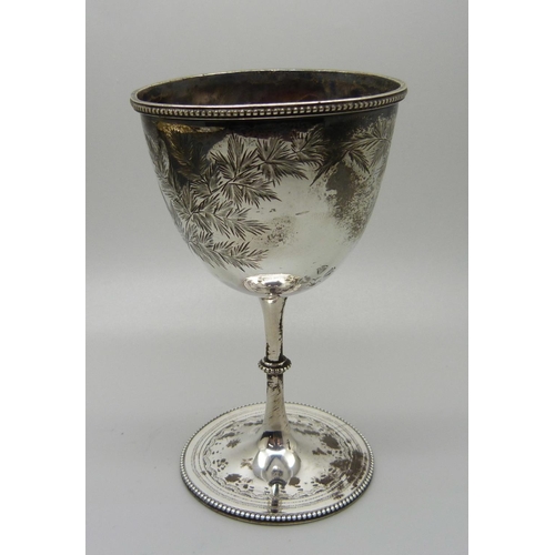 843 - A Victorian silver goblet, London 1874, with inscription, 86g, a/f