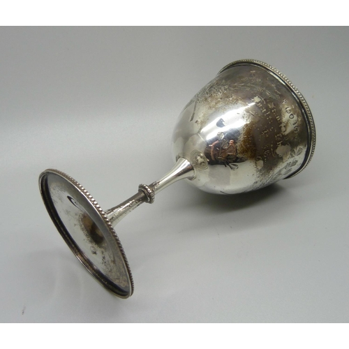 843 - A Victorian silver goblet, London 1874, with inscription, 86g, a/f