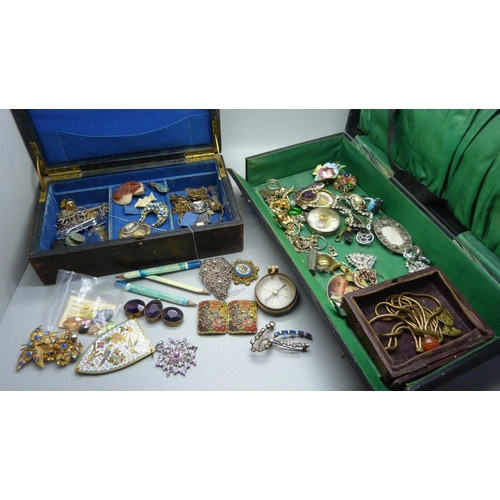 845 - Two jewellery boxes with vintage jewellery, etc.